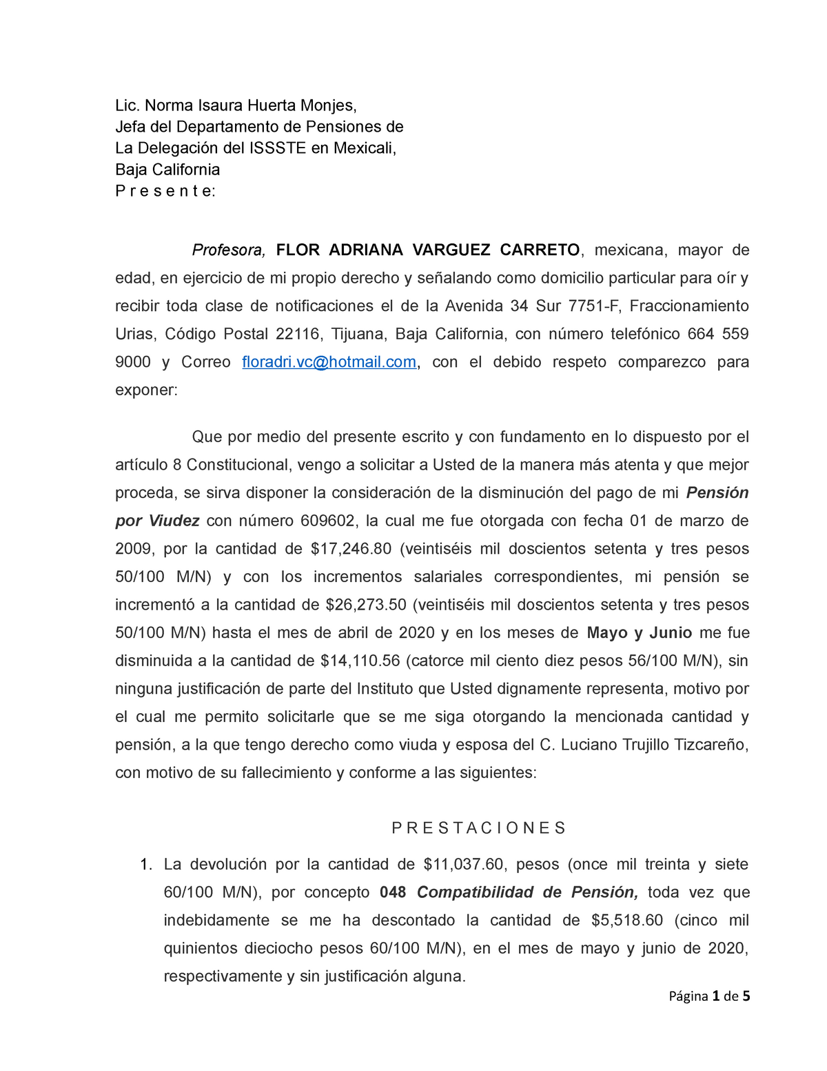 escrito solicitando ajuste de pension por viudez - Lic. Norma Isaura Huerta  Monjes, Jefa del - Studocu