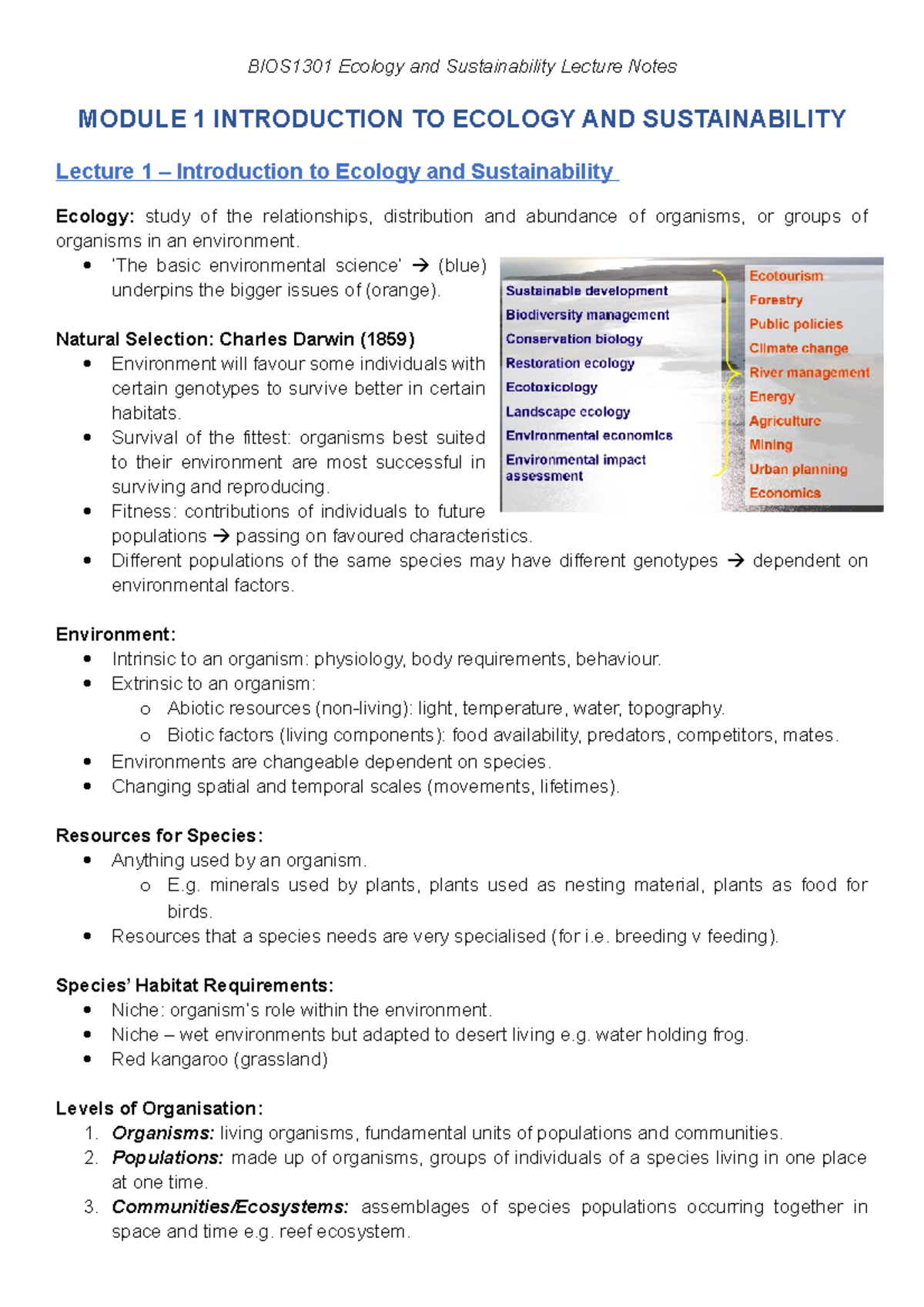 BIOS1301 Ecology And Sustainability Lecture Notes - ‘The Basic ...