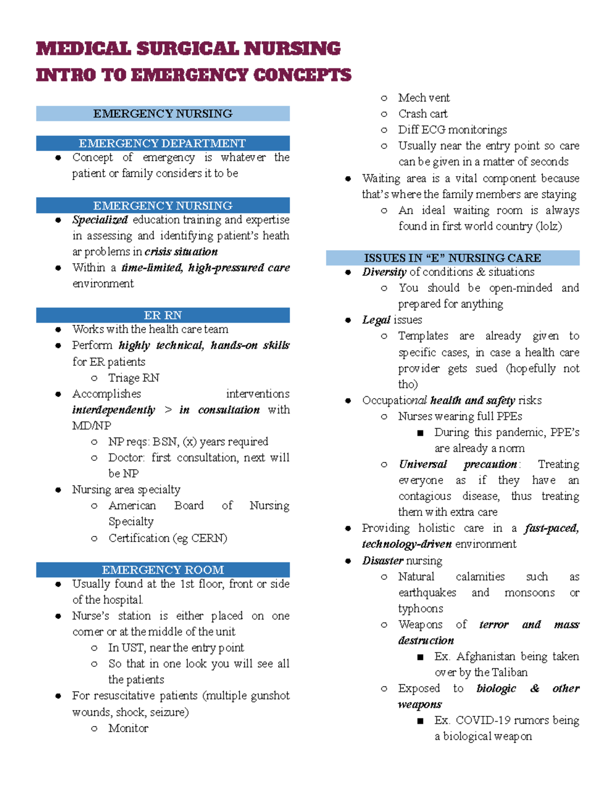 Medical Surgical Nursing: Intro To Emergency Concepts - MEDICAL ...