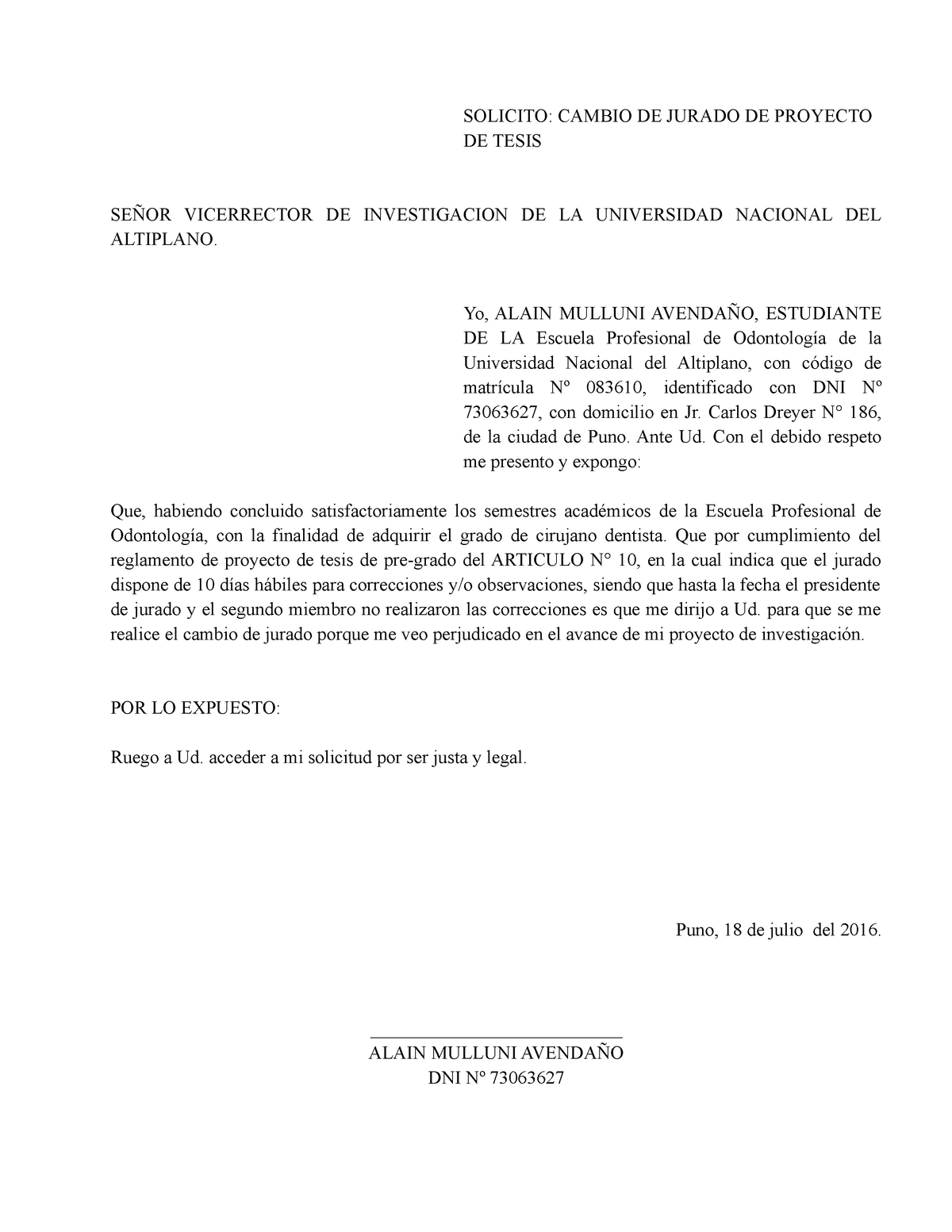 318791868 Solicitud Cambio Jurado Doc Solicito Cambio De Jurado De Proyecto De Tesis SeÑor 2375