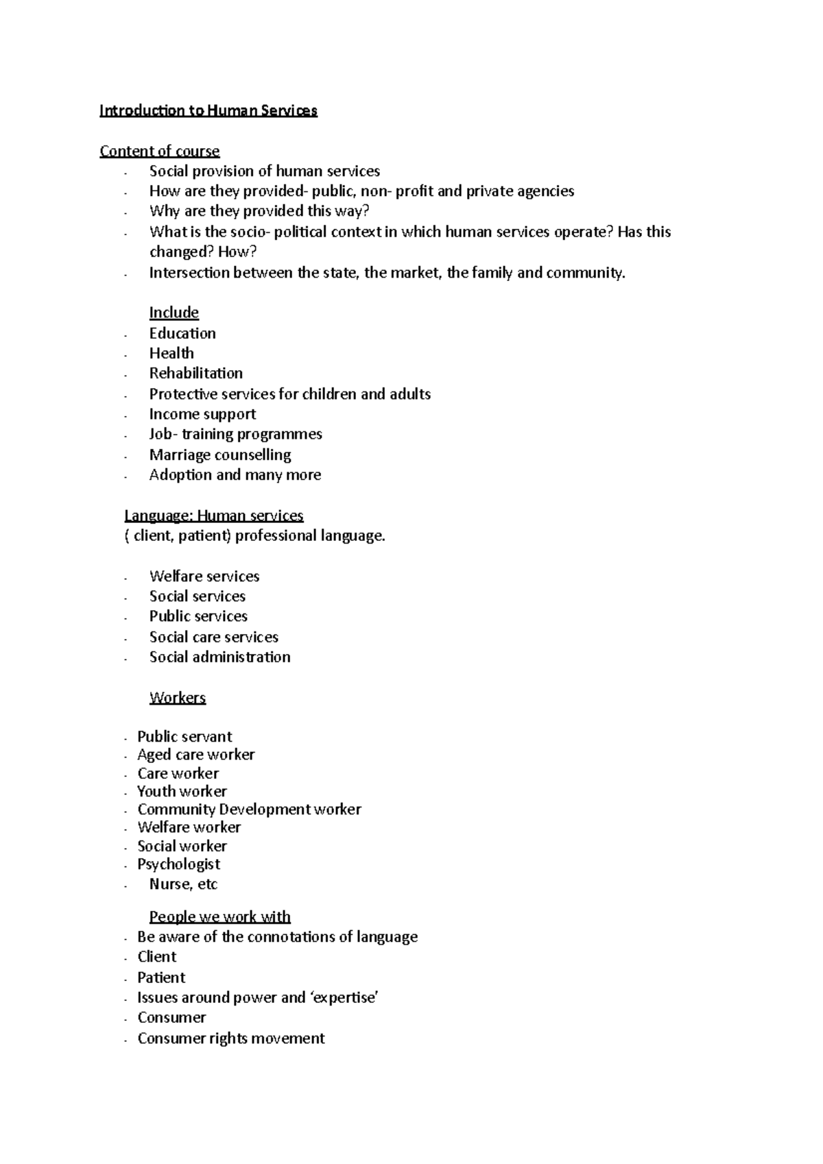 Lecture 1 - Introduction to Human Services Content of course - Social ...