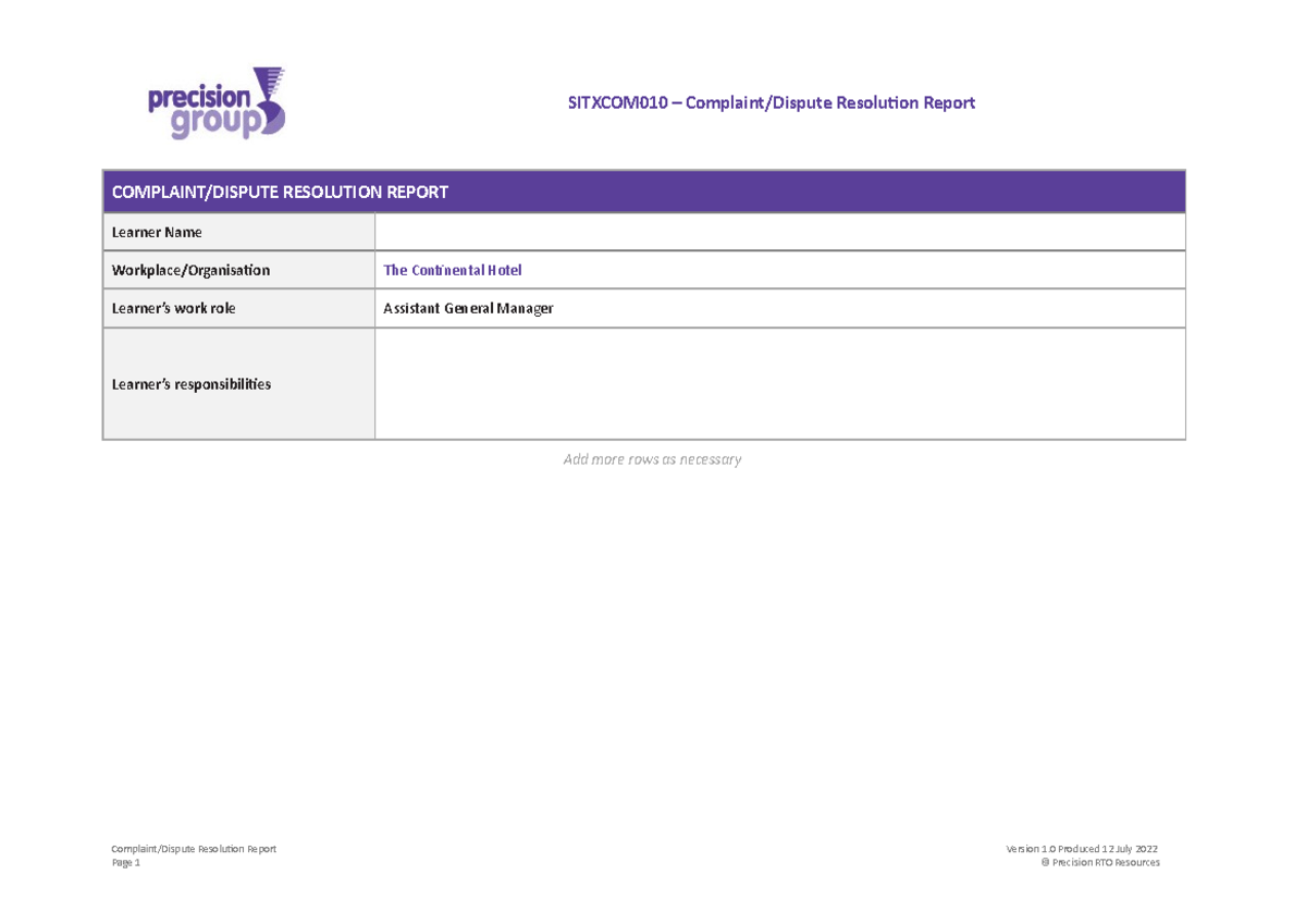 Customer Dispute Report 2 - SITXCOM010 – Complaint/Dispute Resolution ...
