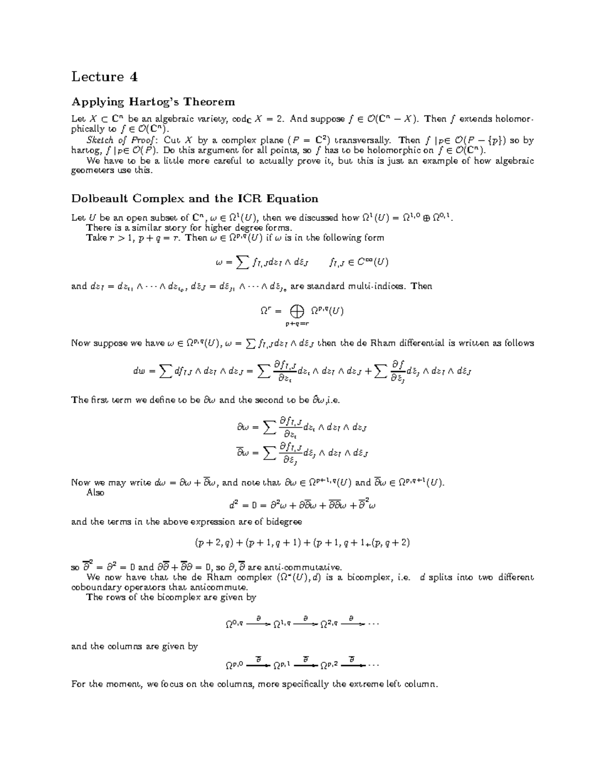 18117 lec04 - MIT 17 - 2 Lecture 4 Applying Hartog’s Theorem Let X ⊂ Cn ...