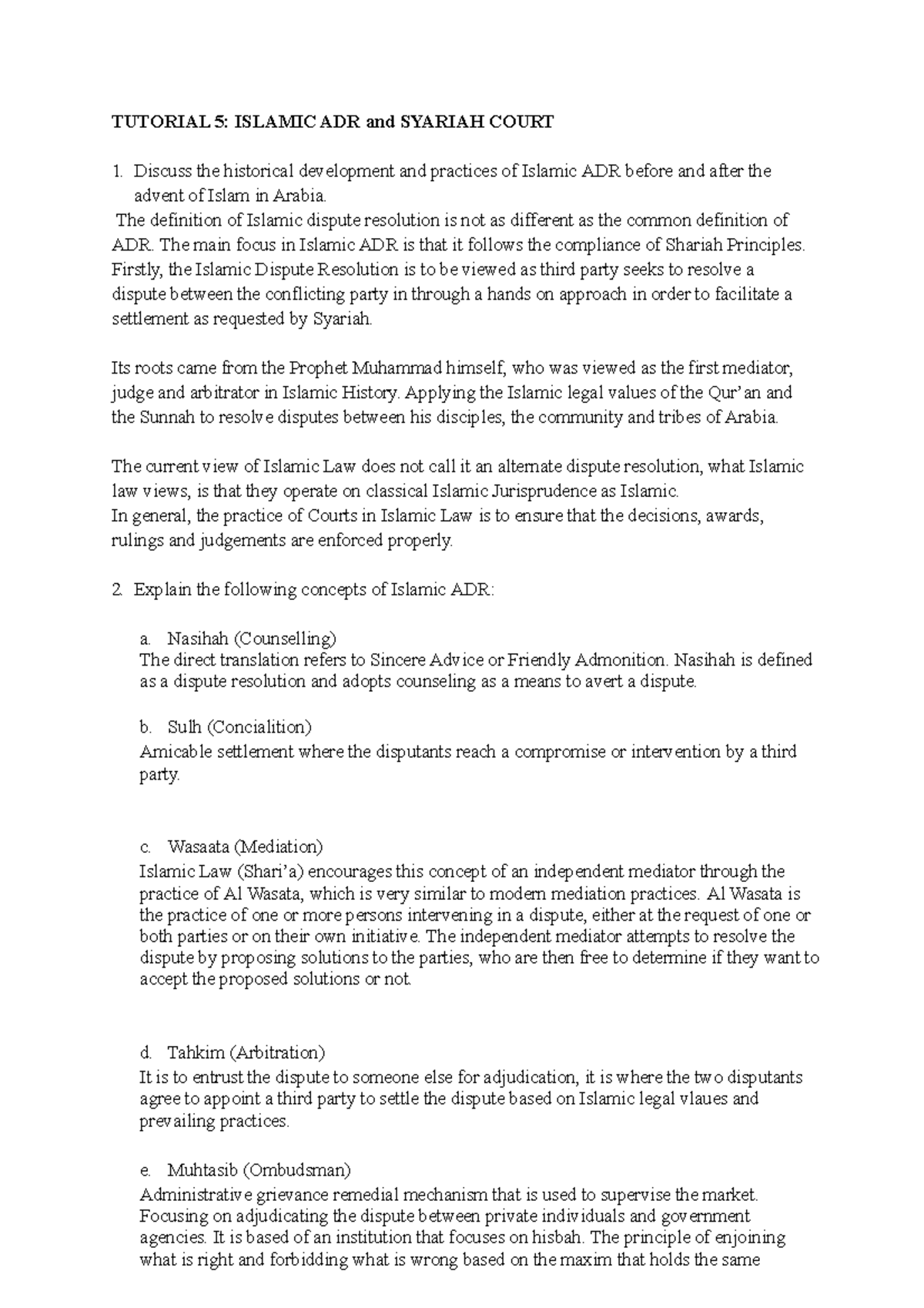 Tutorial 5-Islamic ADR n Syariah Court - TUTORIAL 5: ISLAMIC ADR and ...