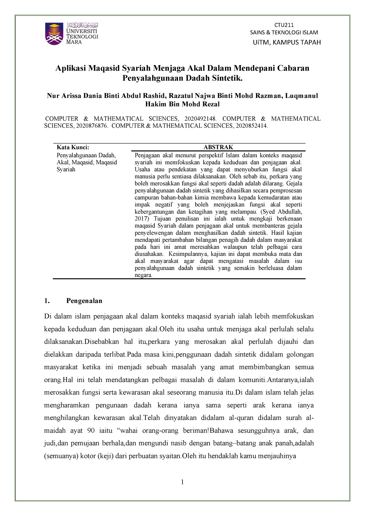 CTU211 Kertas Kerja Kumpulan 6 CS1103B - Islam dan kumunikasi 