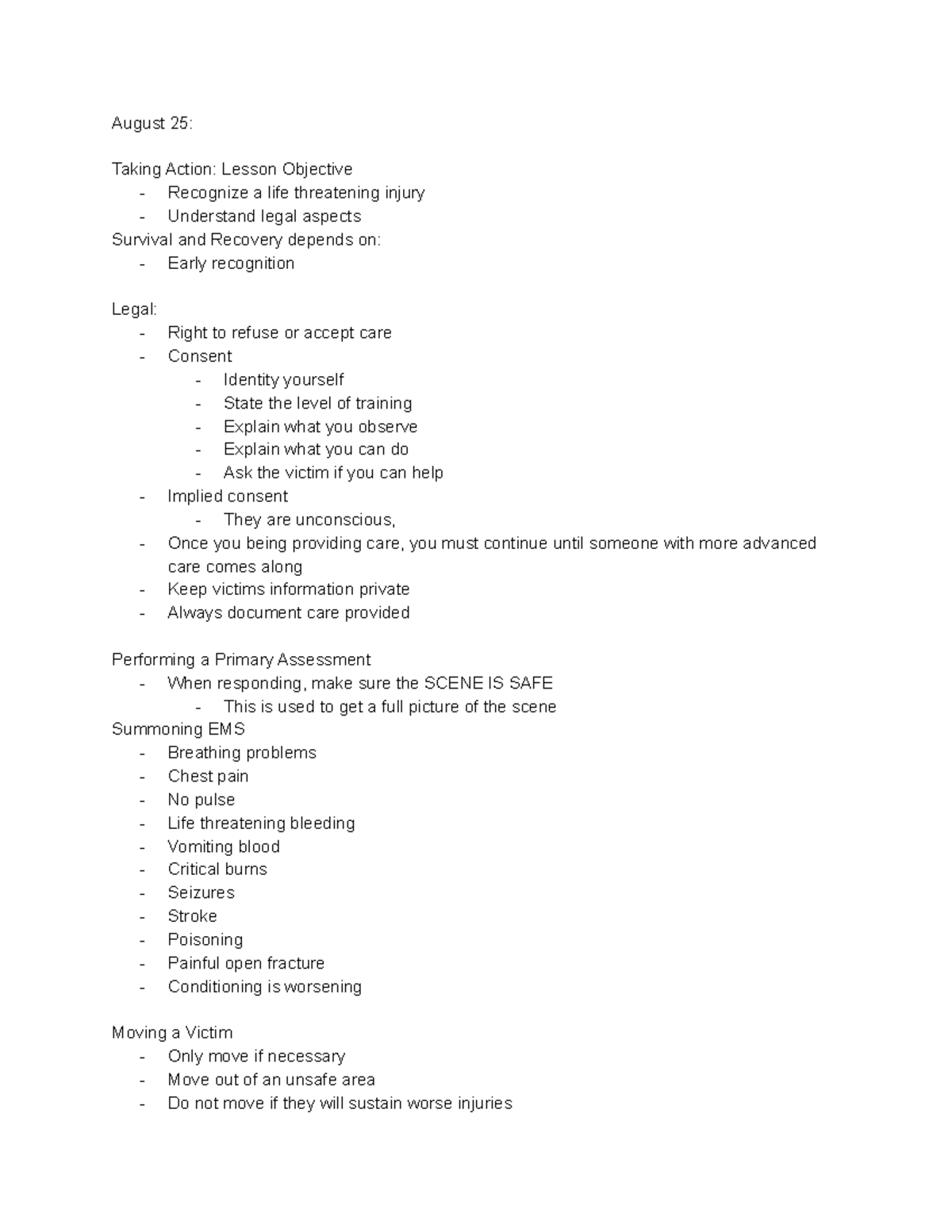 Lesson 1 First Aid and CPR August 25 Taking Action Lesson Objective