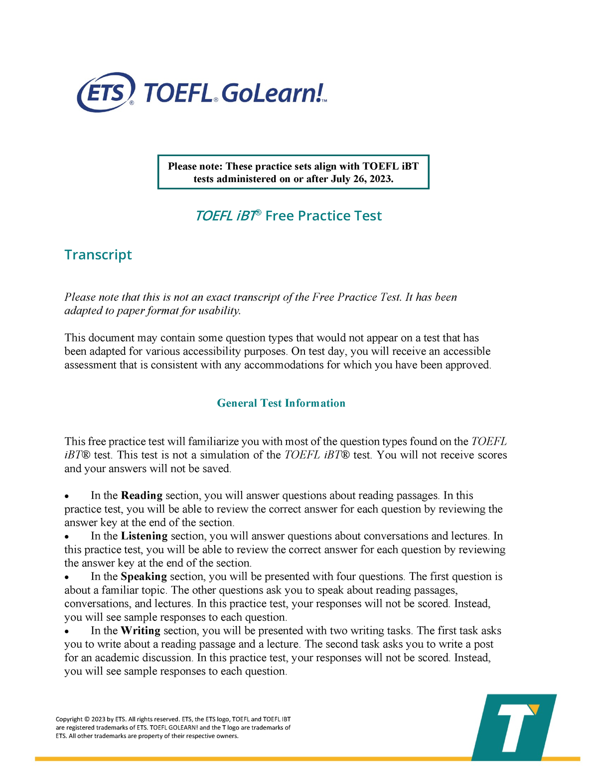 Toefl Ibt Free Practice Test - Please Note: These Practice Sets Align ...