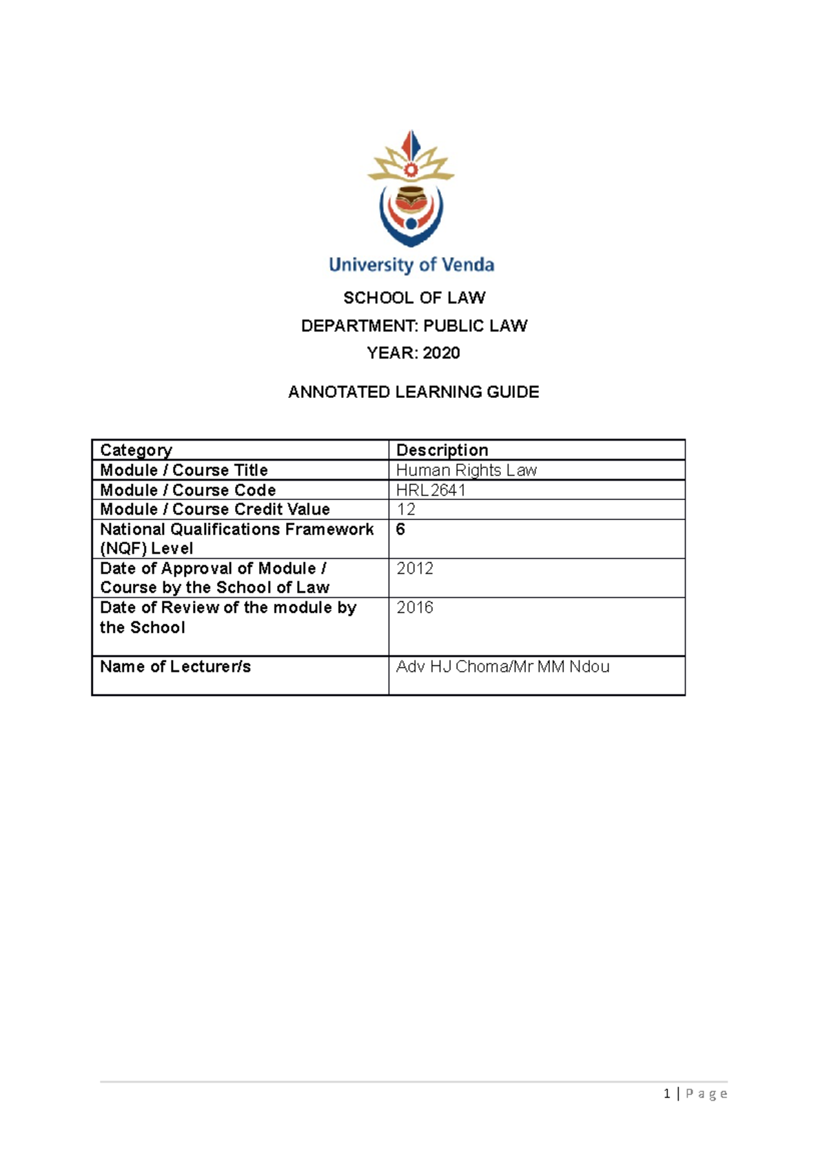 HRL2641 - Human rights - SCHOOL OF LAW DEPARTMENT: PUBLIC LAW YEAR ...