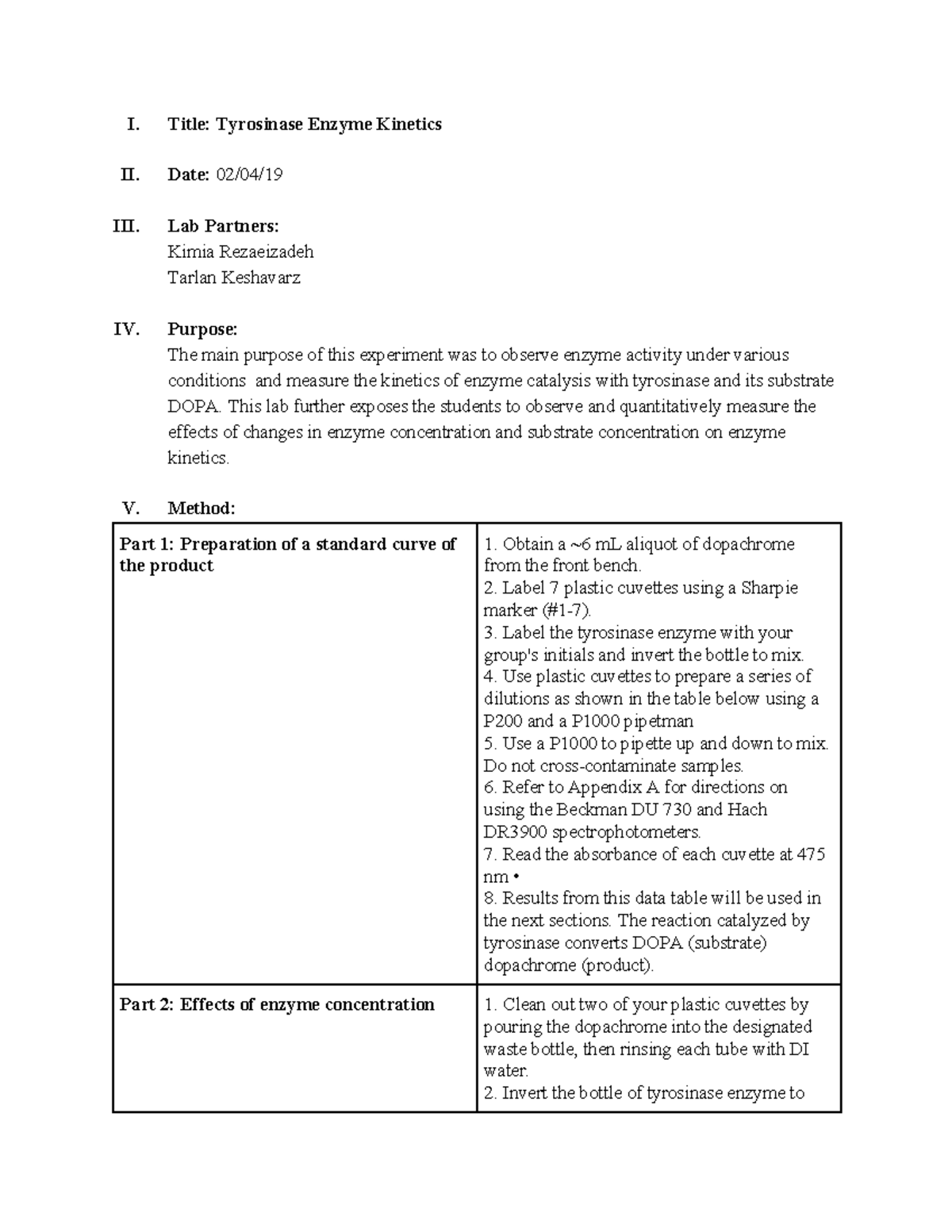 Lab 4- Title Tyrosinase Enzyme Kinetics-2 - I. Title: Tyrosinase Enzyme ...