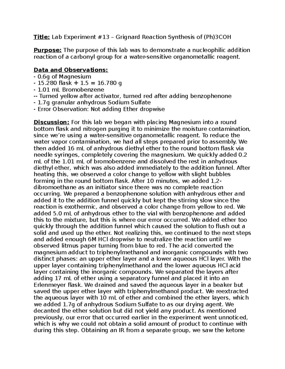 Lab Report Exp#13 - Organic Chemistry Lab - Title: Lab Experiment #13 ...
