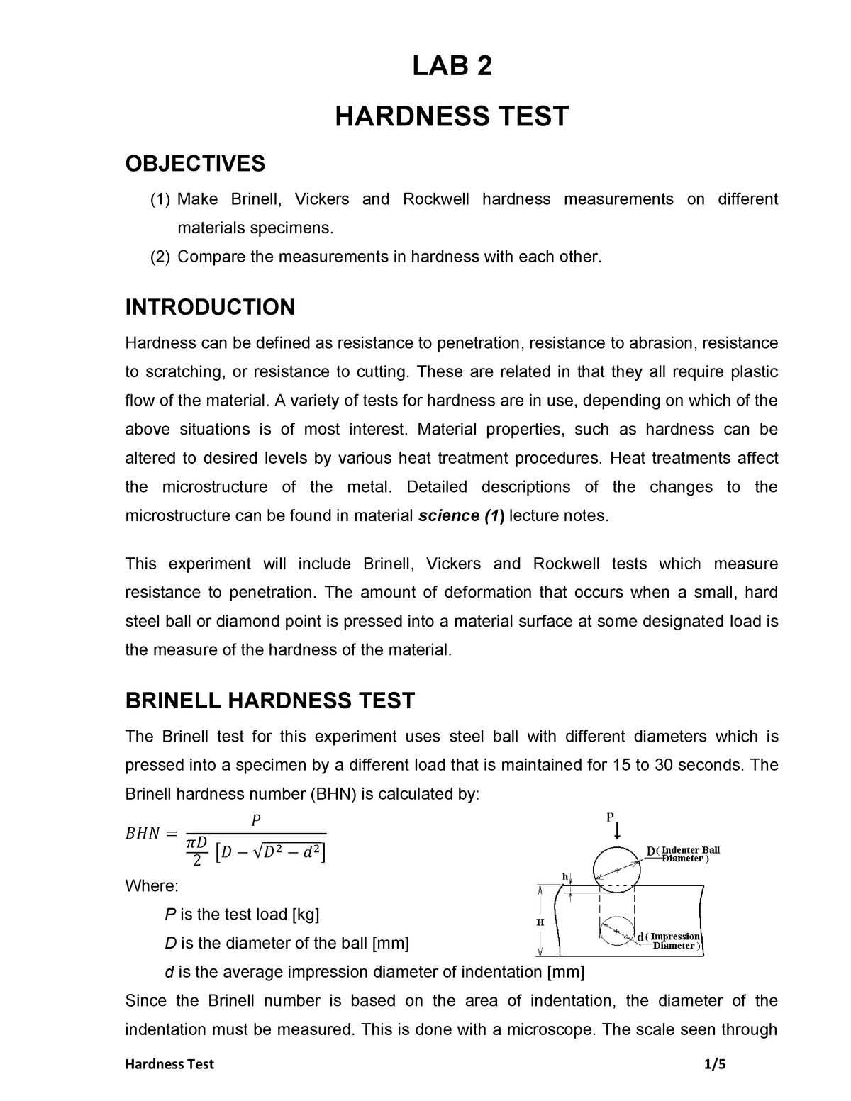 Hardness Test Practical Of Steel And Copper - Chemistry - Studocu