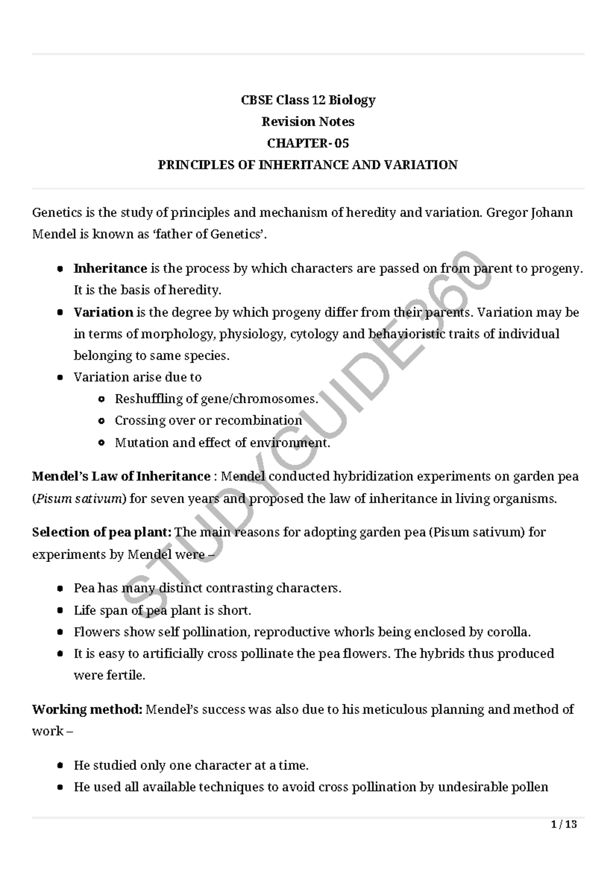 12 Biology Notes Ch05 Principals Of Inheritance And Variation Cbse