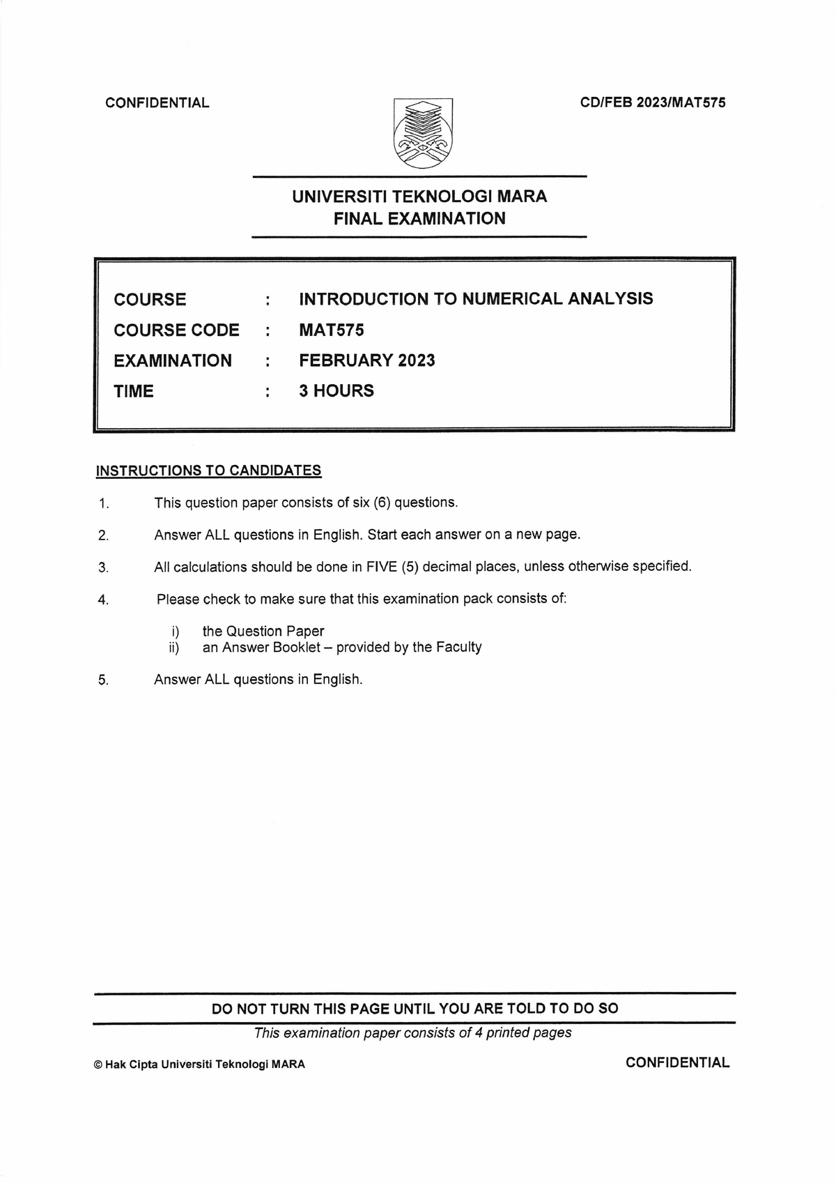 FEB2023 MAT575 - Introduction To Numerical Analysis - UiTM - Studocu