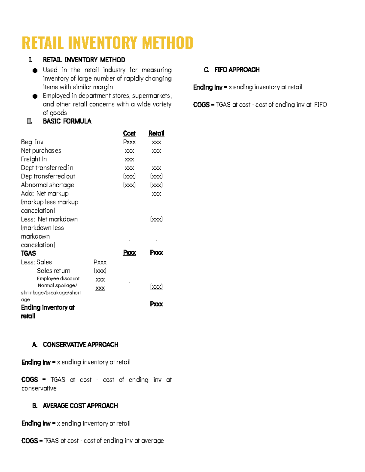 Retail Inventory Method - RETAIL INVENTORY METHOD I. RETAIL INVENTORY