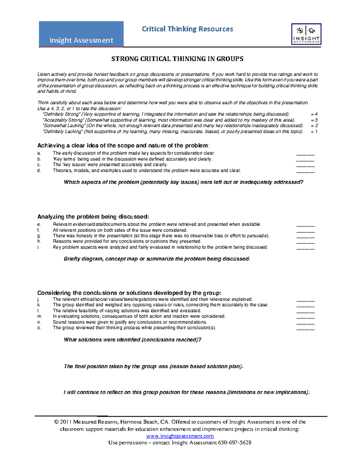 critical thinking insight assessment