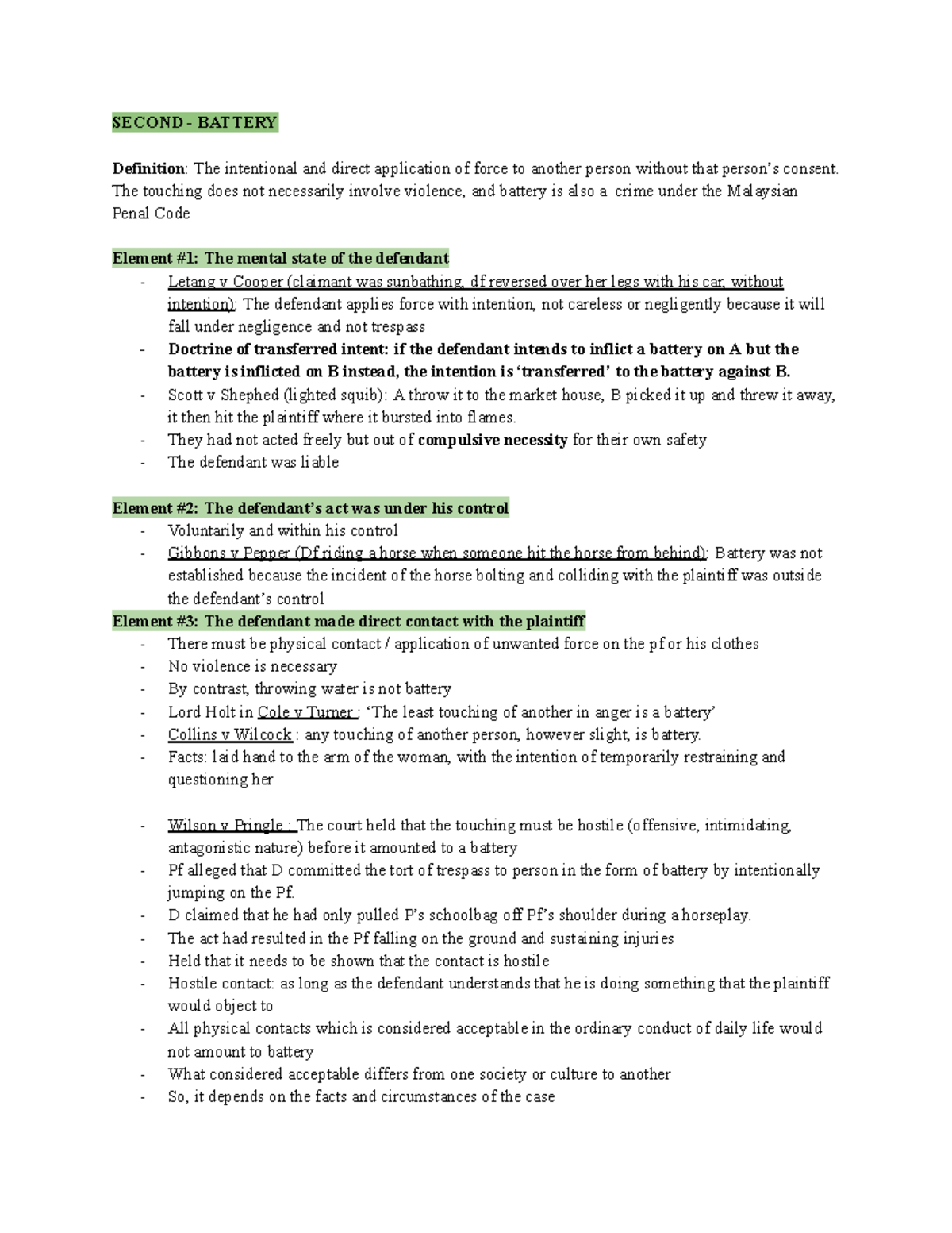 [Tort I] Battery - Summary Tort Law I - SECOND - BATTERY Definition ...