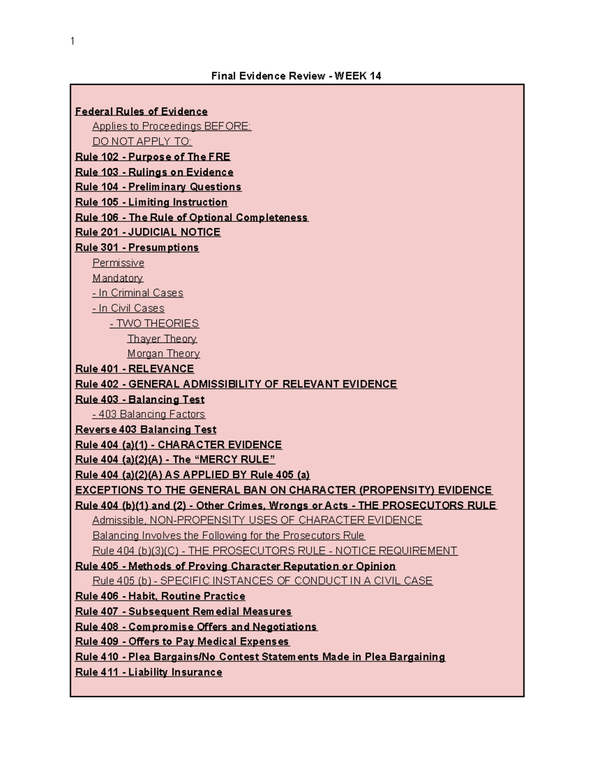 Review outline for evidence law class - Final Evidence Review - WEEK 14 ...