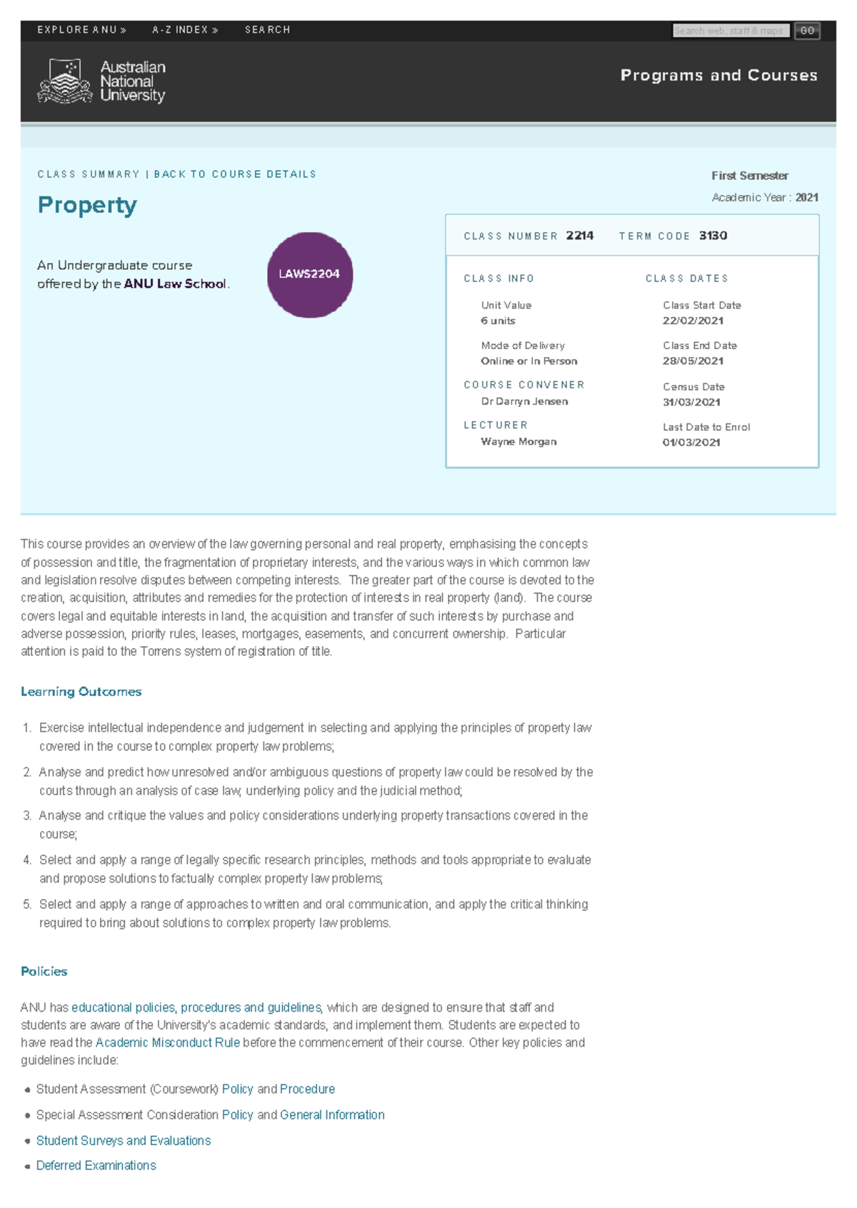 2021 course outline from anu - Programs and Courses This course ...