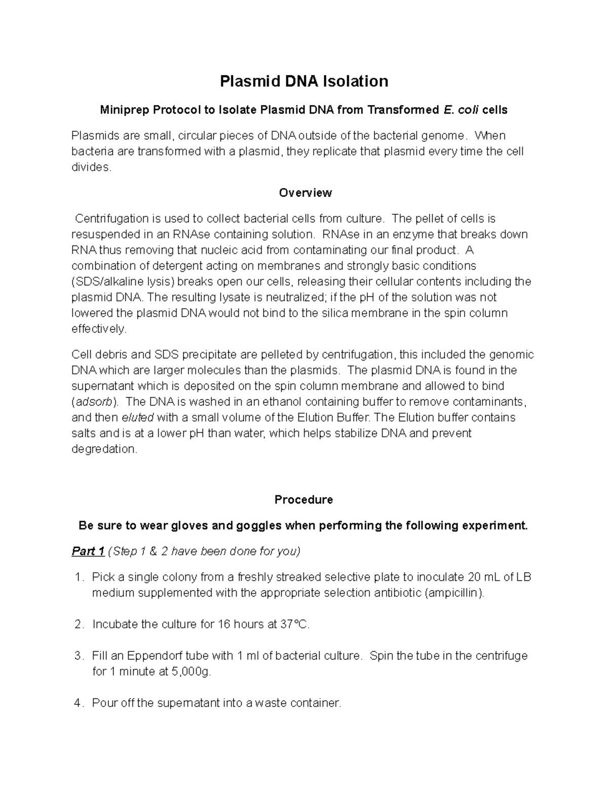 Protocol Plasmid isolation lab2 Plasmid DNA Isolation Miniprep Protocol to Isolate Plasmid