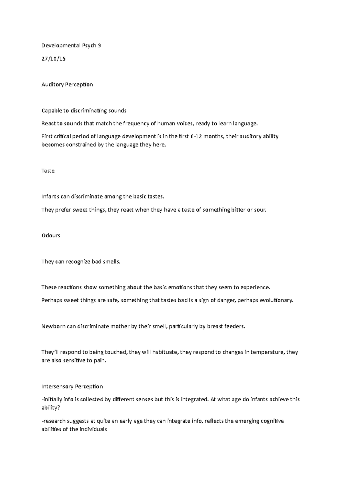 Auditory perception in infancy - Developmental Psych 9 27/10/15 ...