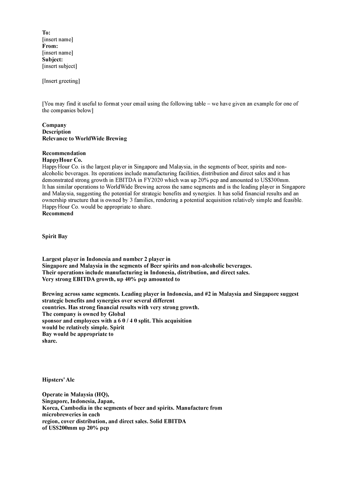 Task 1 - Email Template v2 - To: [insert name] From: [insert name ...