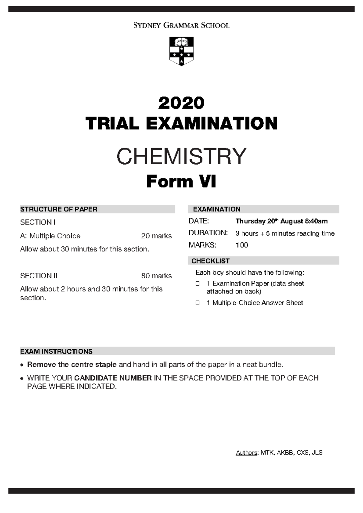 2020 Chemistry HSC Trial Exam - CHEMISTRY STRUCTURE OF PAPER SECTION I ...
