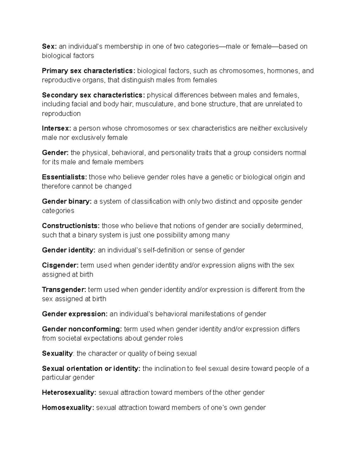 Introduction To Sociology Chapter 9 Vocab - Sex: An Individual’s ...