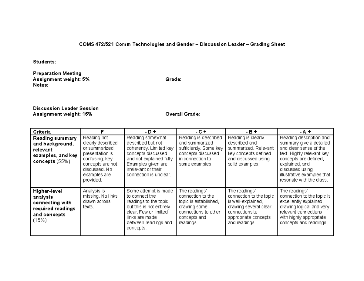 COMS 472 521 Discussion Leader Grading Sheet Winter 2024 - COMS 472/521 ...