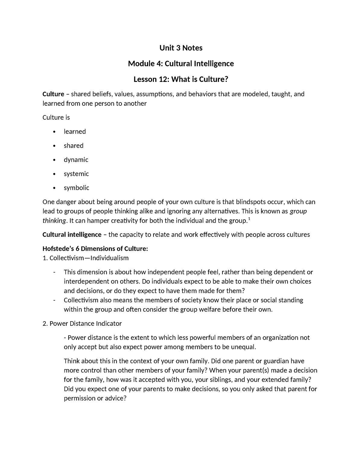 Unit 3 Notes - Unit 3 Notes Module 4: Cultural Intelligence Lesson 12 ...