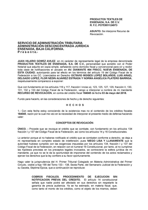 Recurso de Revocación en Materia Fiscal - PRODUCTOS TEXTILES DE ENSENADA,  S. DE C. R. F. POTE - Studocu