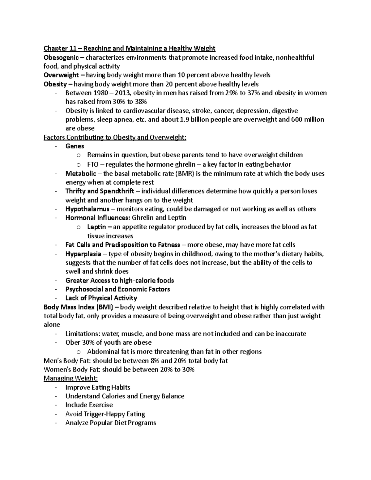 Chapter 11 - Getting and Maintaing a Healthy Weight - Chapter 11 ...