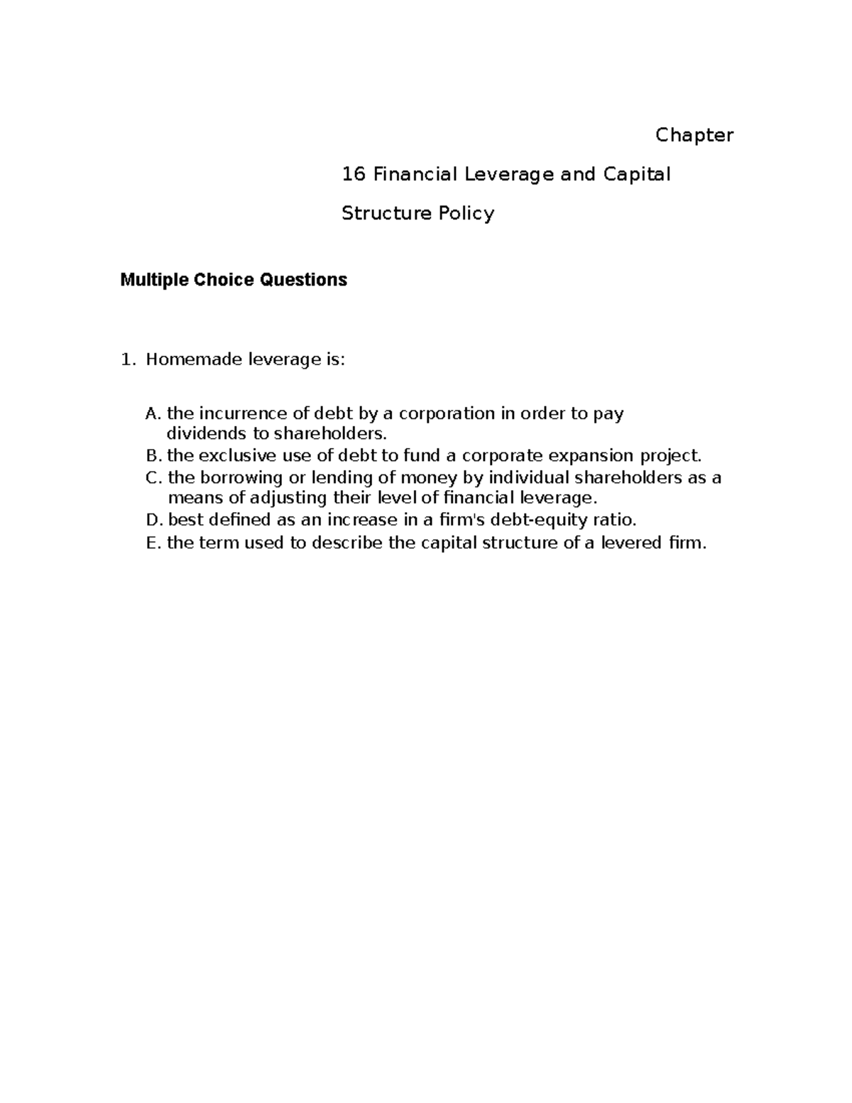 Chapter 16 CF - Chapter 16 Financial Leverage And Capital Structure ...