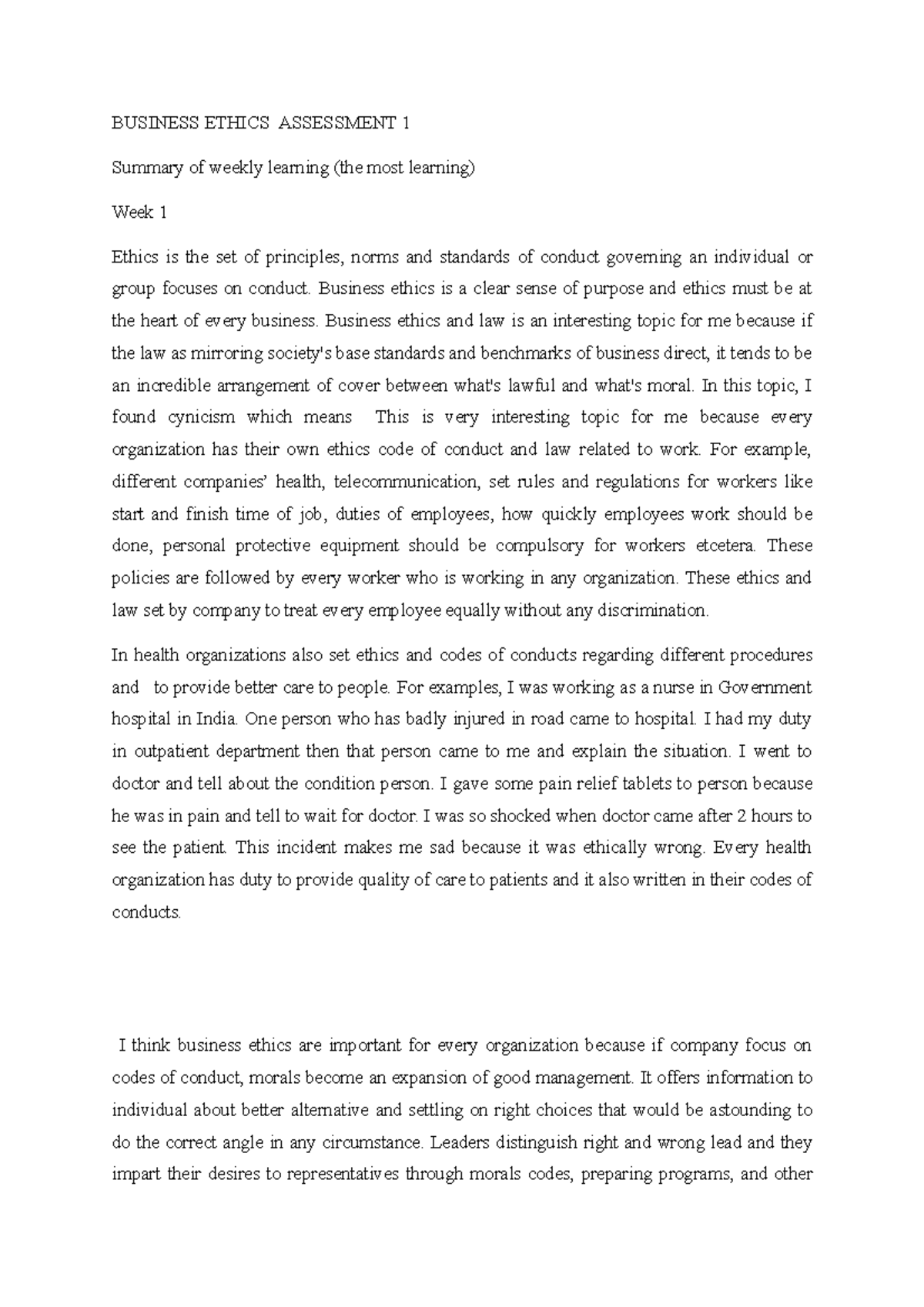 Buss ethics assessment - BUSINESS ETHICS ASSESSMENT 1 Summary of weekly ...