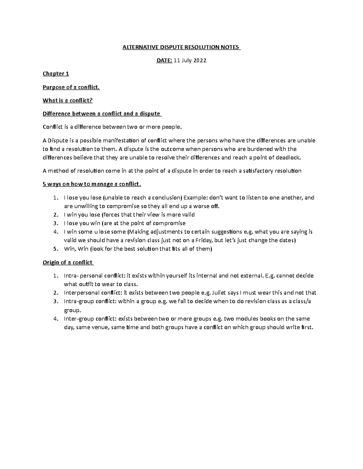 Notes MADE During Lecture - ALTERNATIVE DISPUTE RESOLUTION NOTES DATE ...