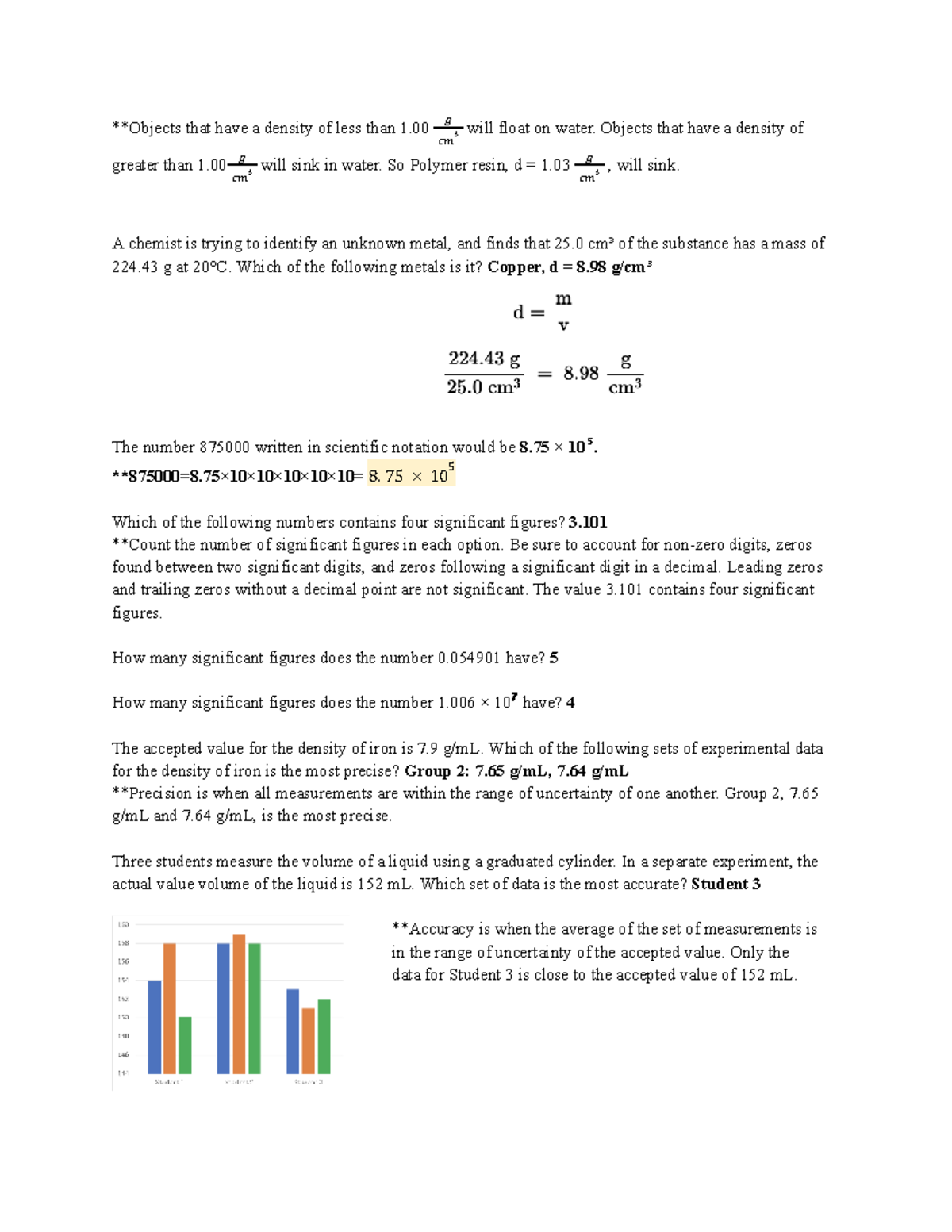 CHEM113- Chapter 1- Part 3 - **Objects that have a density of less than ...