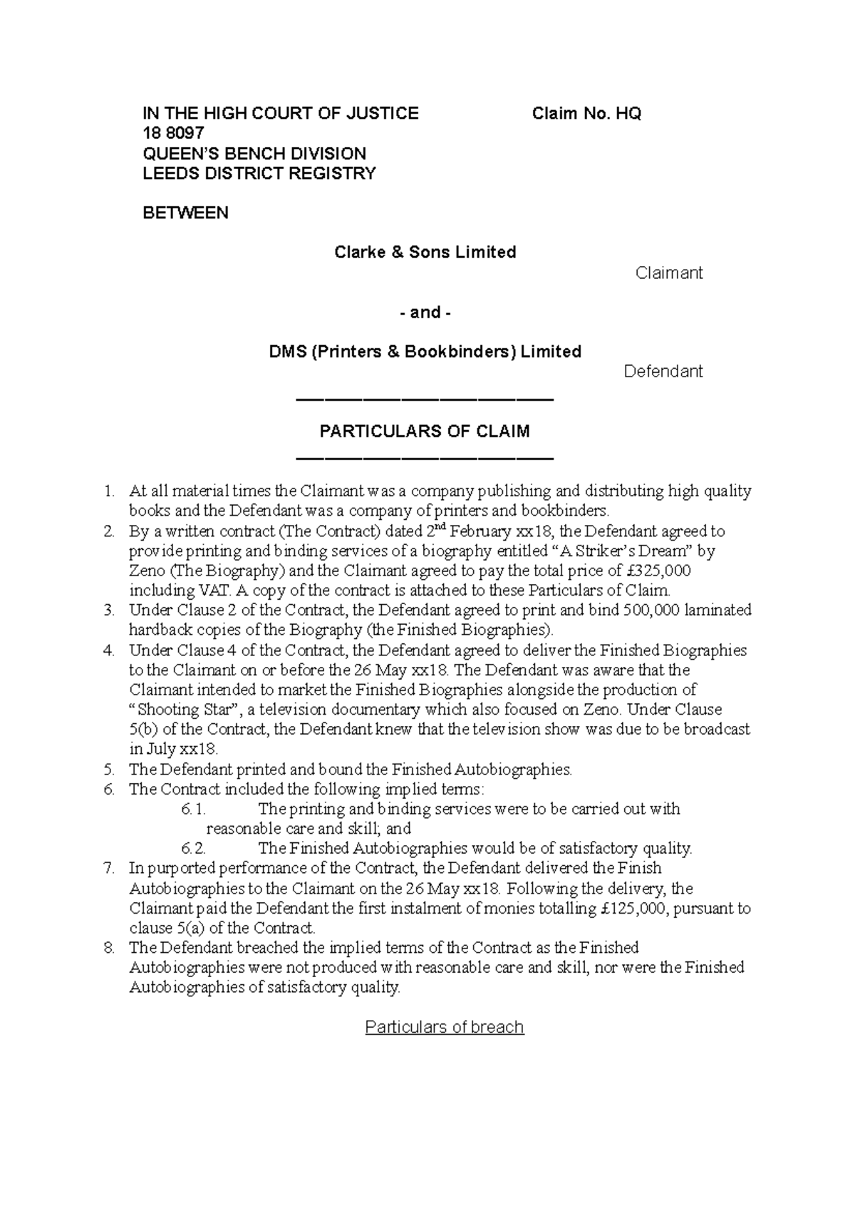 DR WS5 Particulars of Claim - IN THE HIGH COURT OF JUSTICE Claim No. HQ ...