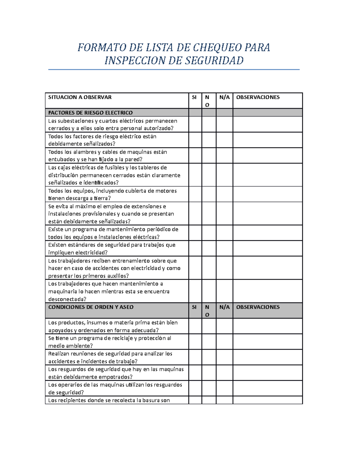 Para Inspeccion De Seguridad Formato De Lista De Chequeo Para