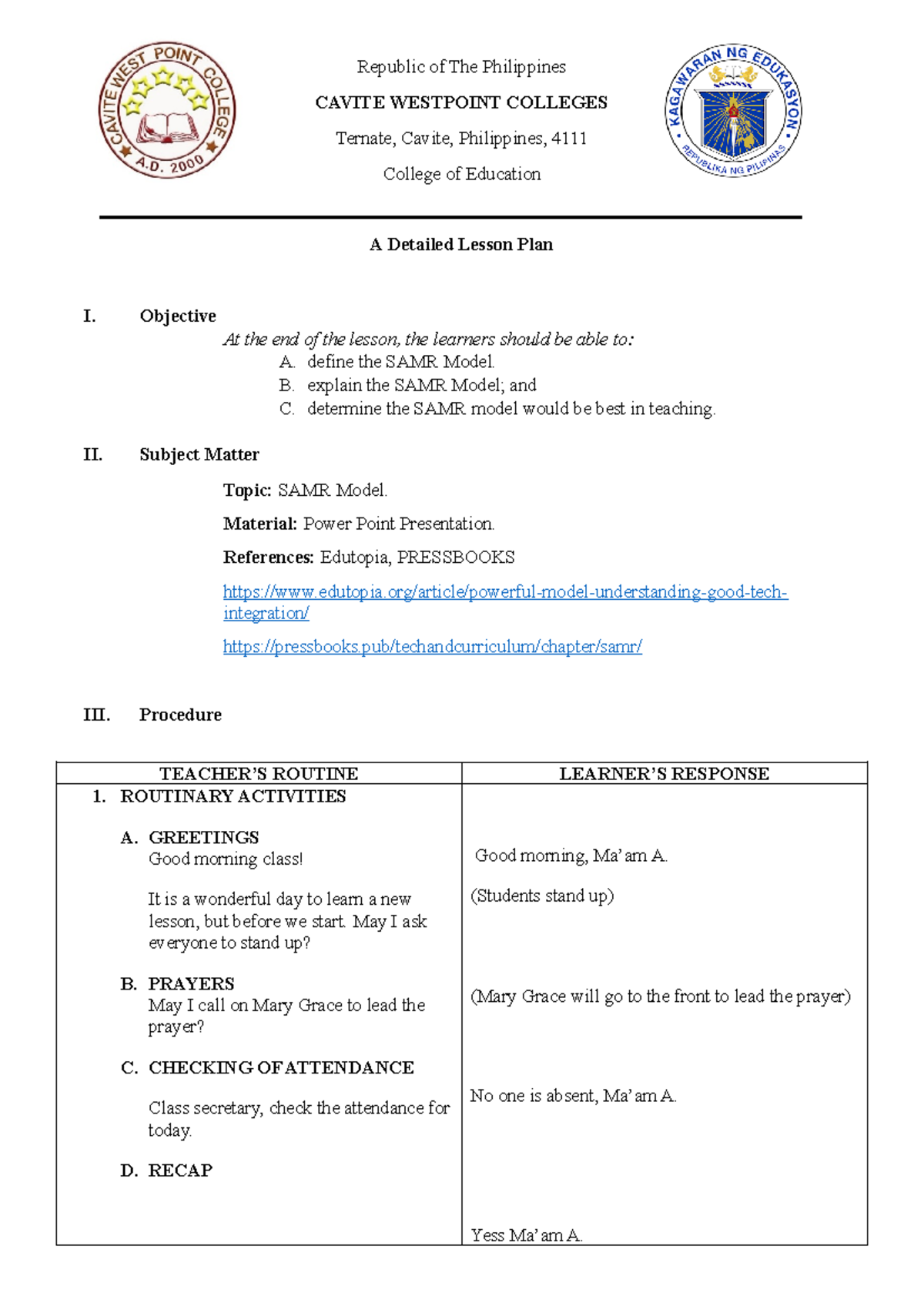 Detailed Lesson Plan Samr Model Republic Of The Philippines Cavite