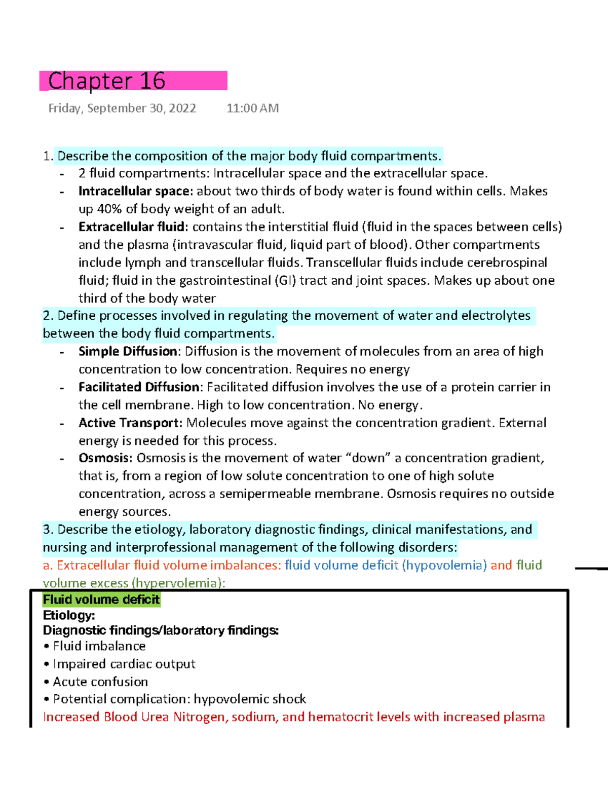 Chapter 16 Describe the composition of the major body fluid