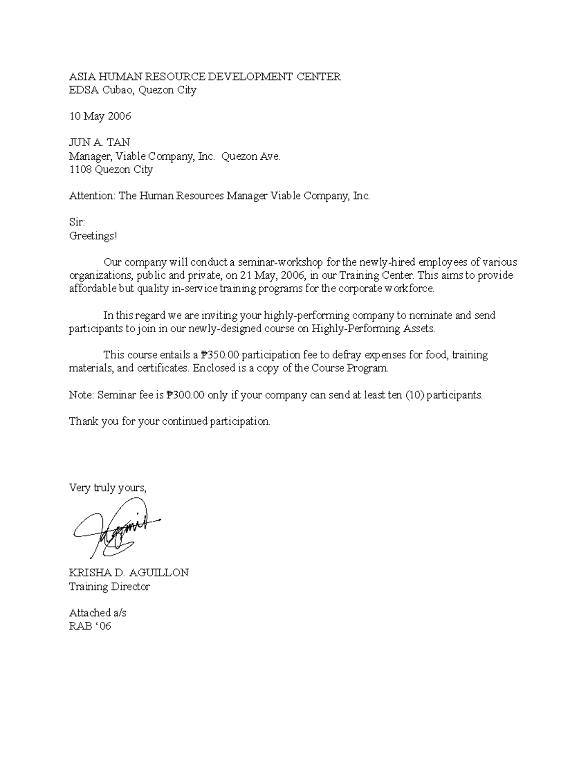 TRES Swort - business letter - ASIA HUMAN RESOURCE DEVELOPMENT CENTER ...