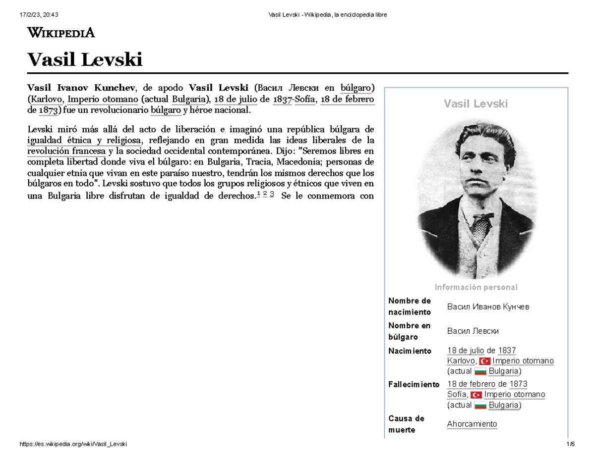 Biografia Vasil Levski Vasil Levski Información personal Nombre de