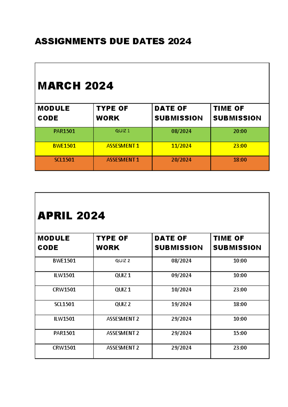 Assignments DUE Dates 2024 - ASSIGNMENTS DUE DATES 2024 MARCH 2024 ...
