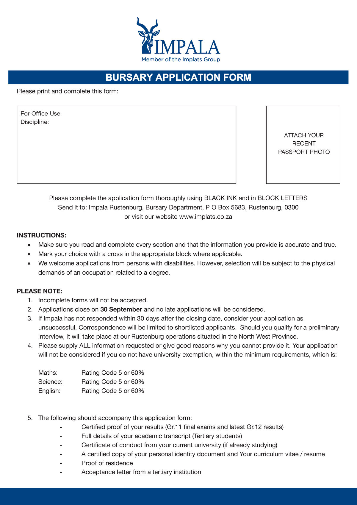 Impala Bursary Application Form - For Office Use: Discipline: ATTACH 