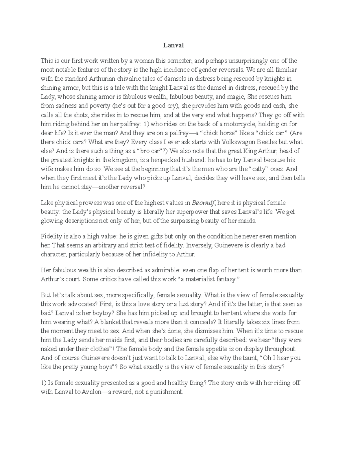 Lanval Discussion Forum ENGL2341 Studocu