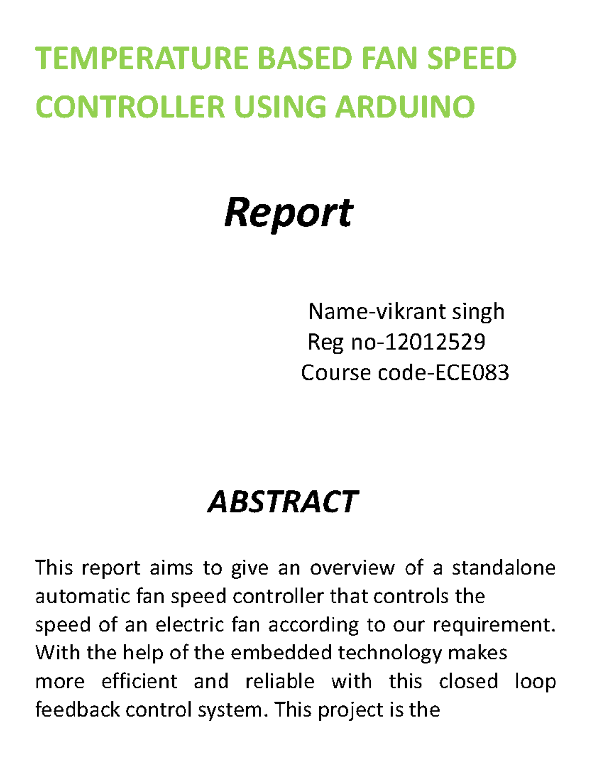 Report.pdf all brief detail about topic TEMPERATURE BASED FAN SPEED CONTROLLER USING ARDUINO