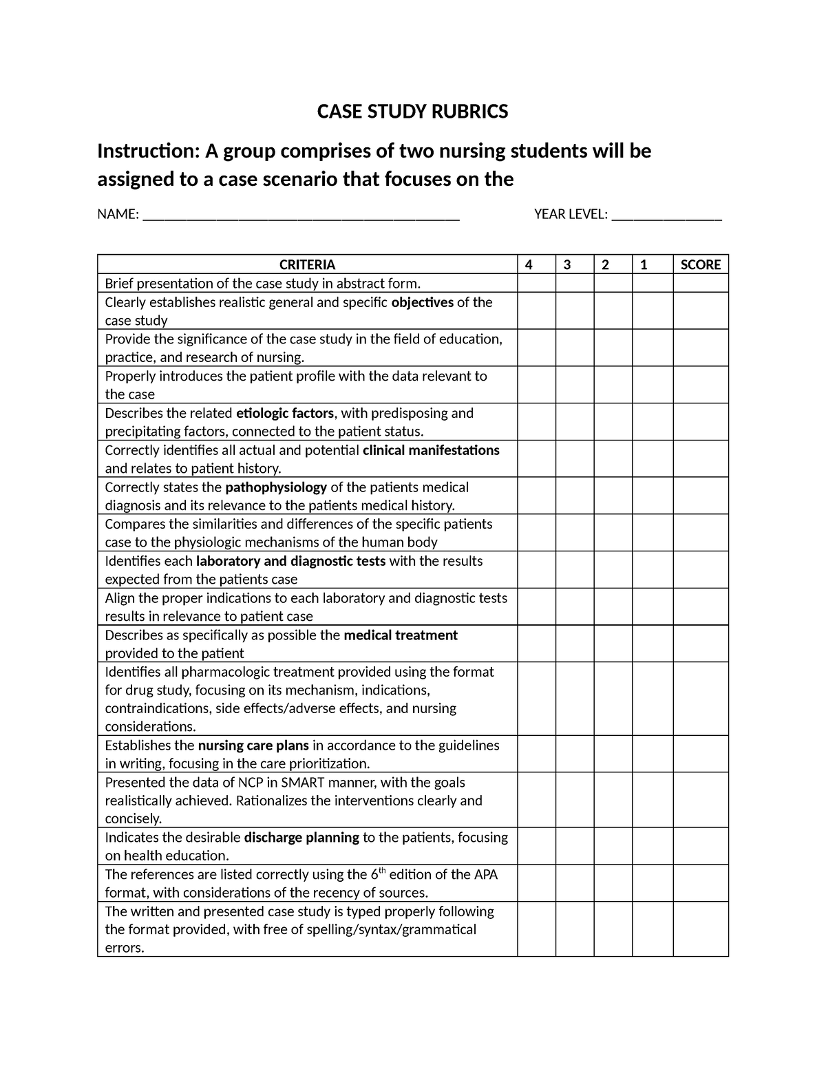 nursing case study rubric template