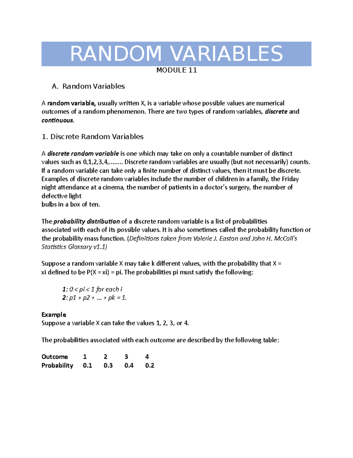 Random Variables module 11 - RANDOM VARIABLES MODULE 11 A. Random ...