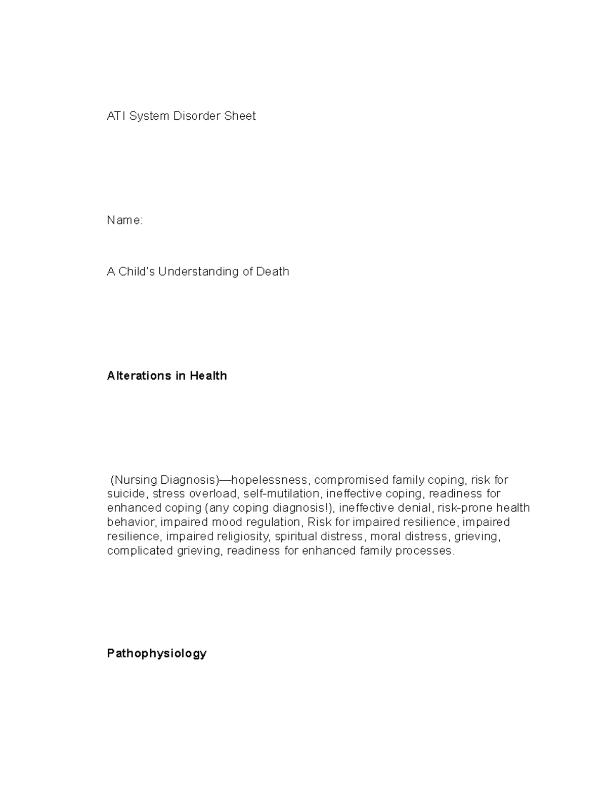 Childs Understanding of Death System Disorder ATI System Disorder