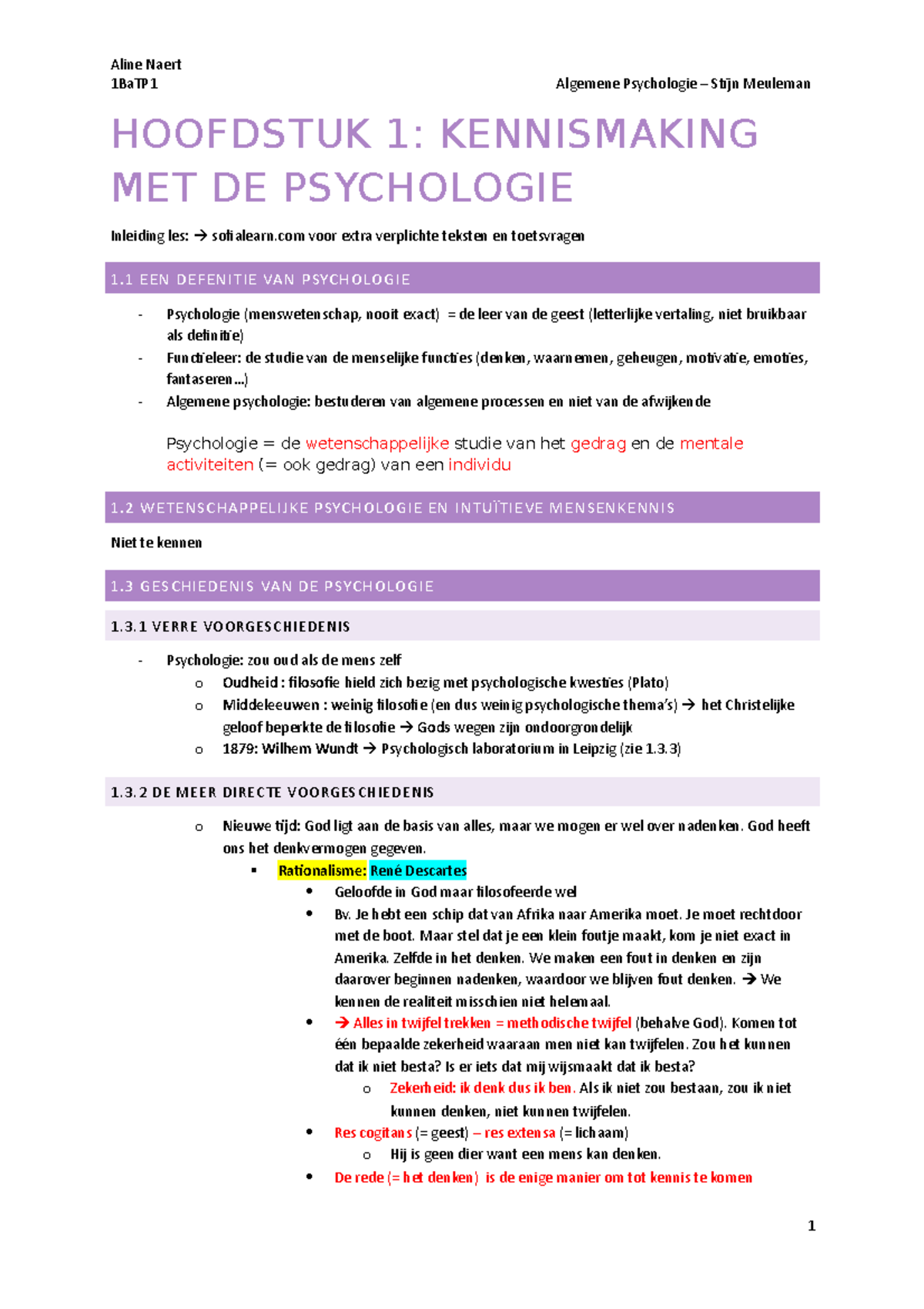 Algemene Psychologie H1 Samenvatting - 1BaTP1 Algemene Psychologie ...