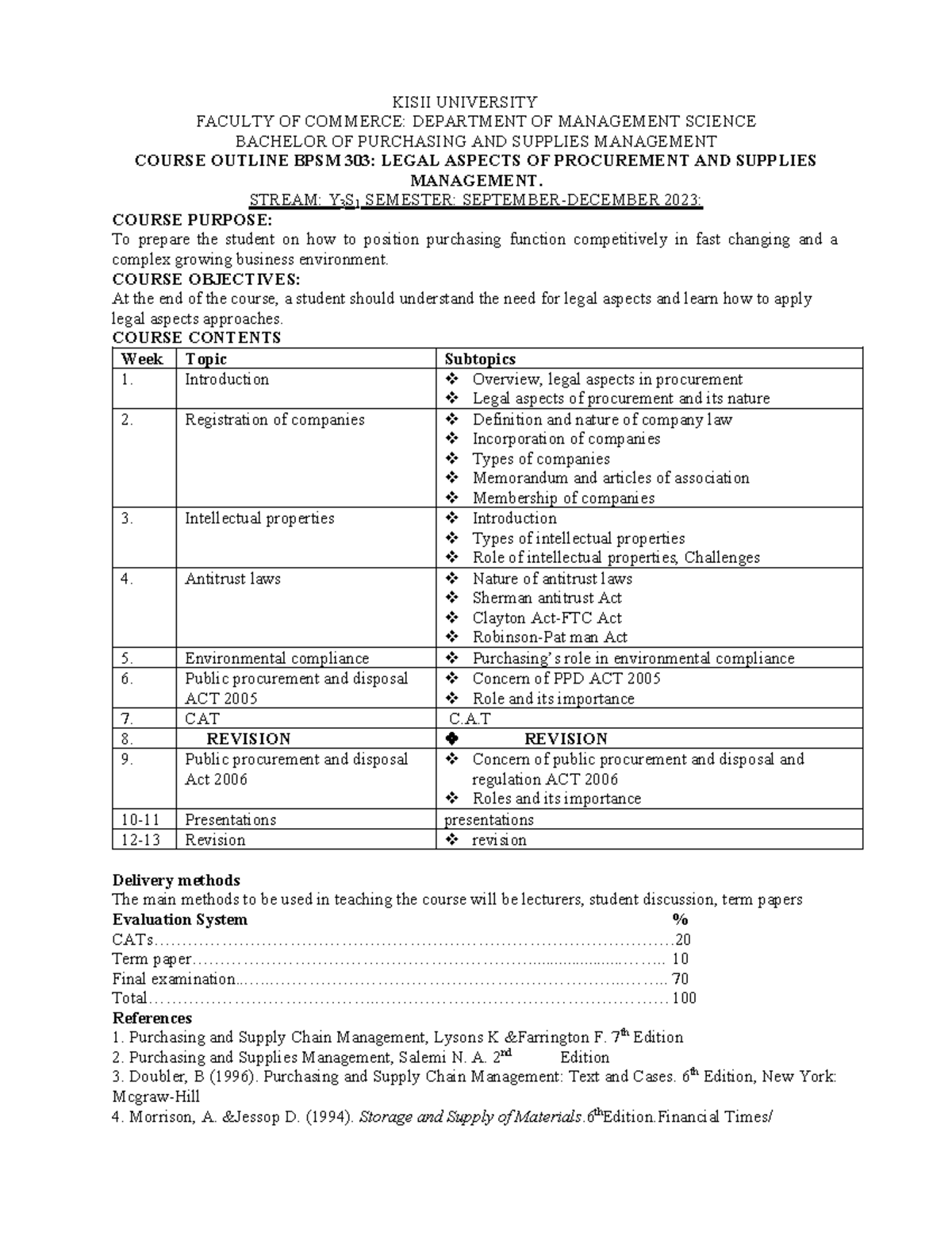 BPSM 303 Course Outlines - KISII UNIVERSITY FACULTY OF COMMERCE ...